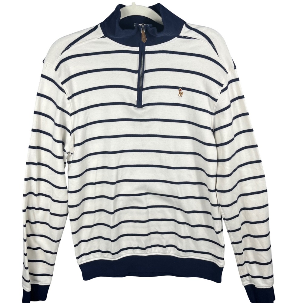 Polo Ralph Lauren Pullover Boys XL 18-20 White Navy Striped Quarter-Zip Cotton